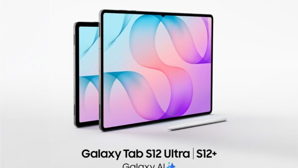 Samsung Galaxy Tab S12 Ultra and Galaxy Tab S12+ standing upright with the S Pen